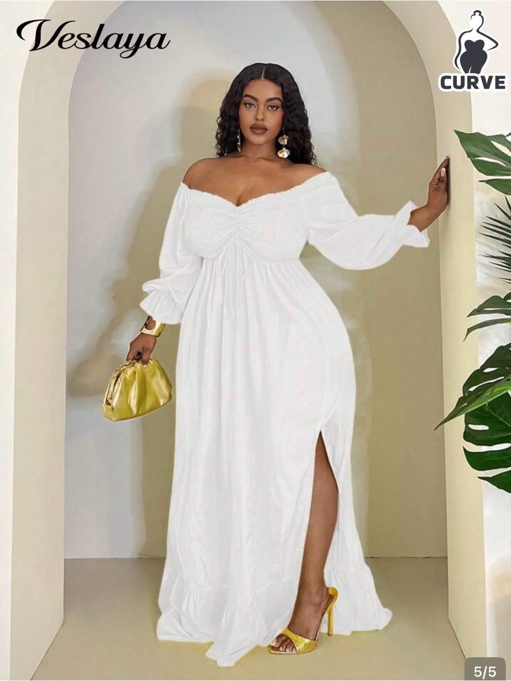 New! White Off Shoulder High Slit Elastic Waist Long Maxi Dress Size 0XL